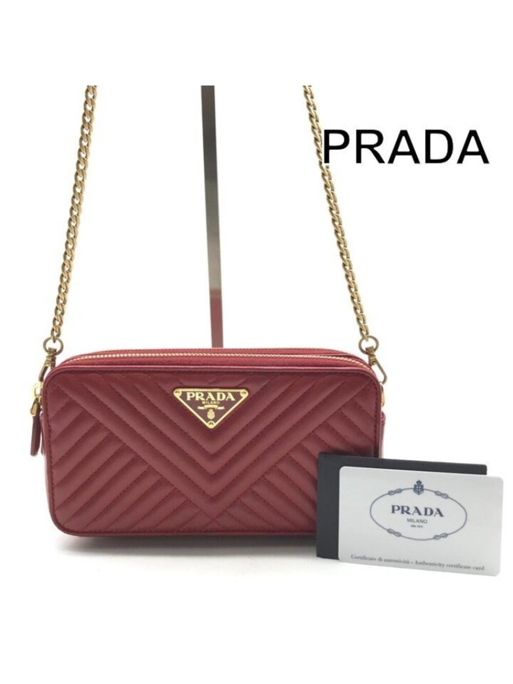 Prada Leather Chain Shoulder Bag Zip Around Wallet Red